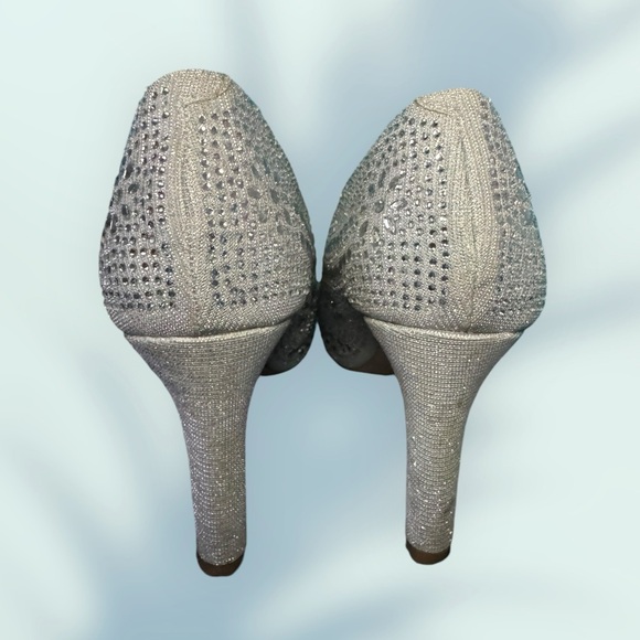 SILVER GLITTER JEWELED PEEP TOE HEELS - Picture 3 of 3